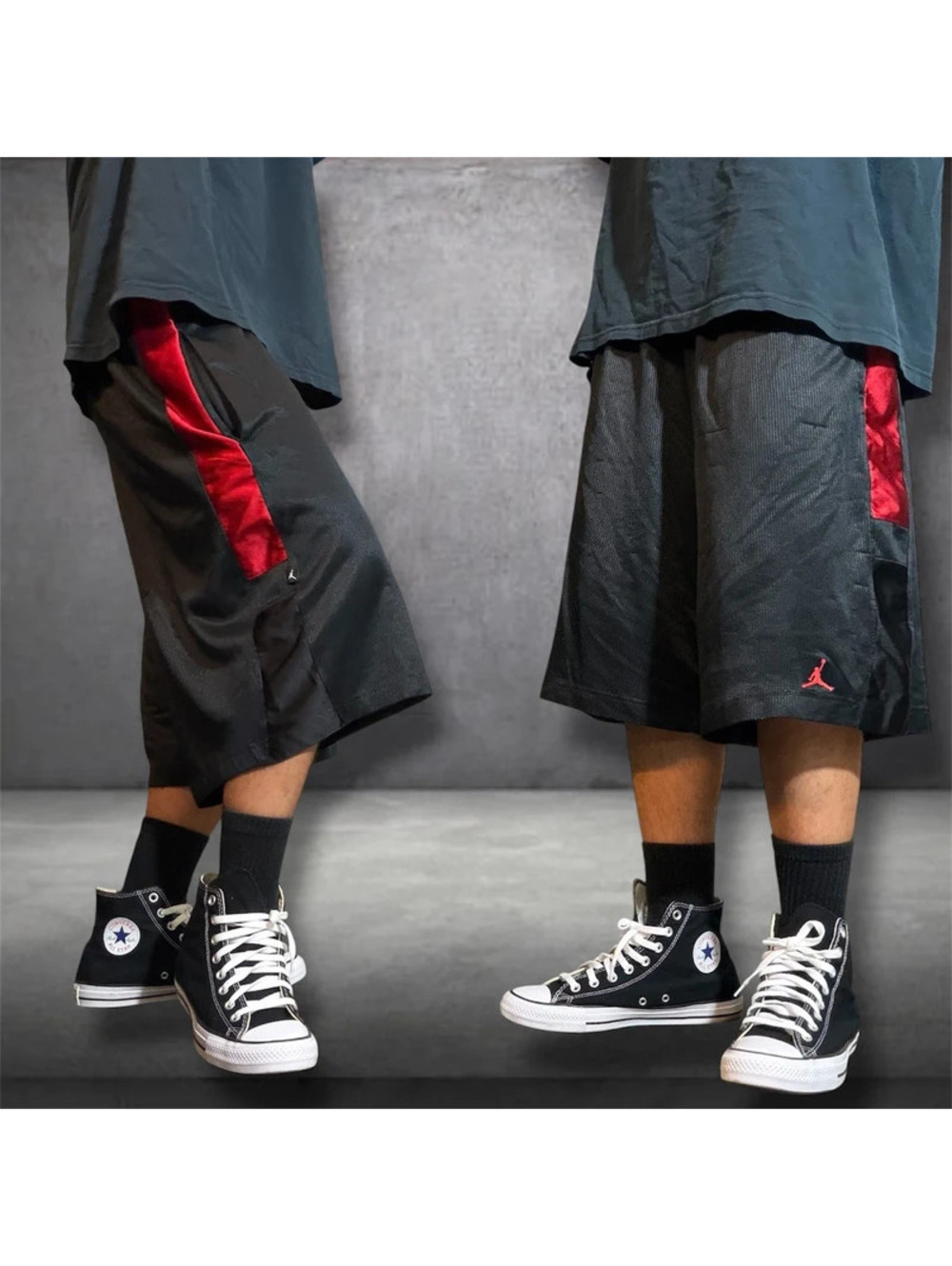 Y2K Baggy Jordan Shorts Mens large Black Red Shiny dazzle 2000s Vintage